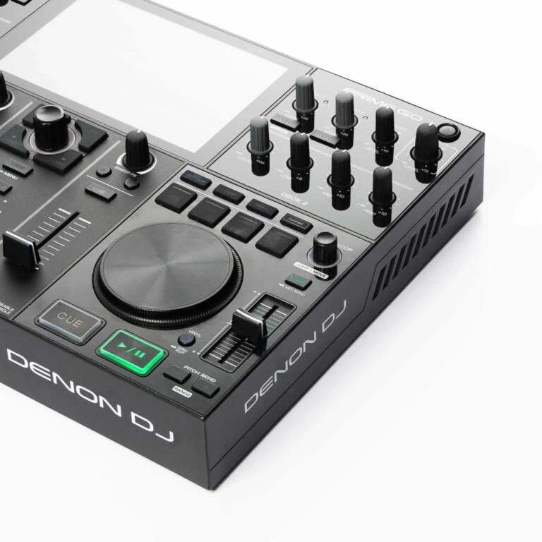 A Denon DJ Prime Go controller, shown from above at an angle