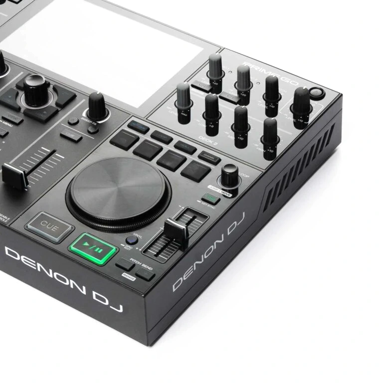 A Denon DJ Prime Go controller, shown from above at an angle